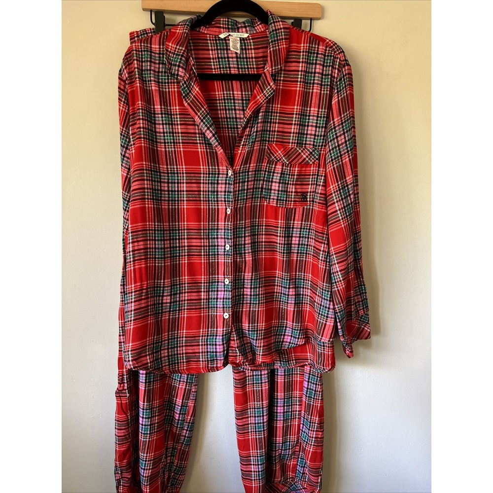 Victorias Secret Pajama Set Women Size Large Red Plaid Metallic
